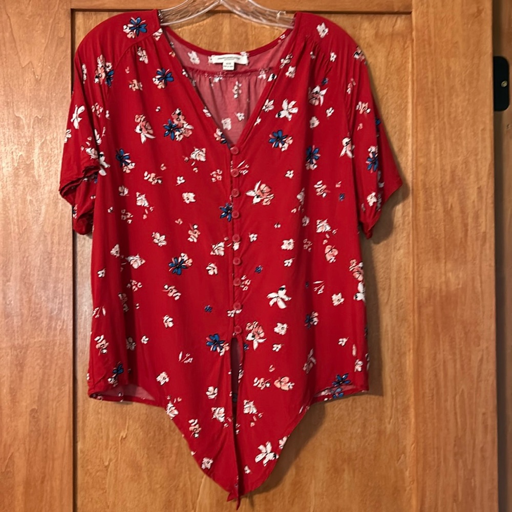 Beach Lunch Lounge Red Floral Button Up Top with Waist Tie